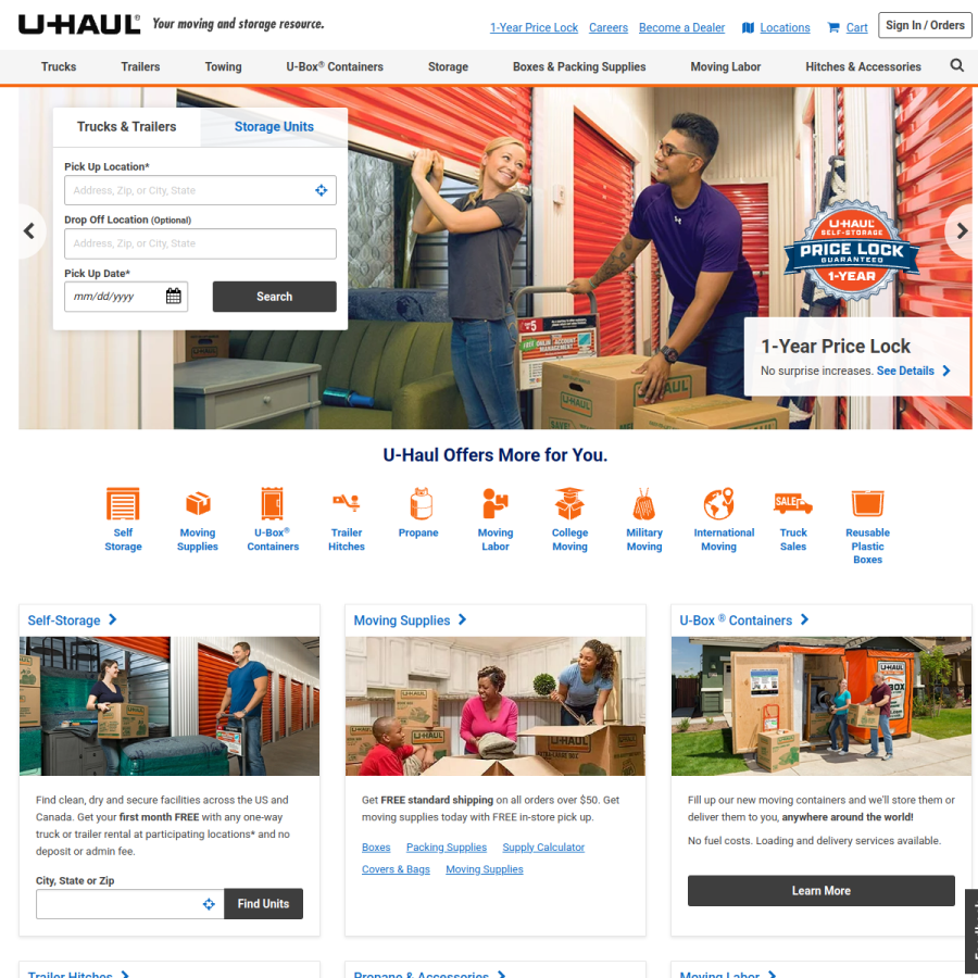 uhaul.com homepage screenshot