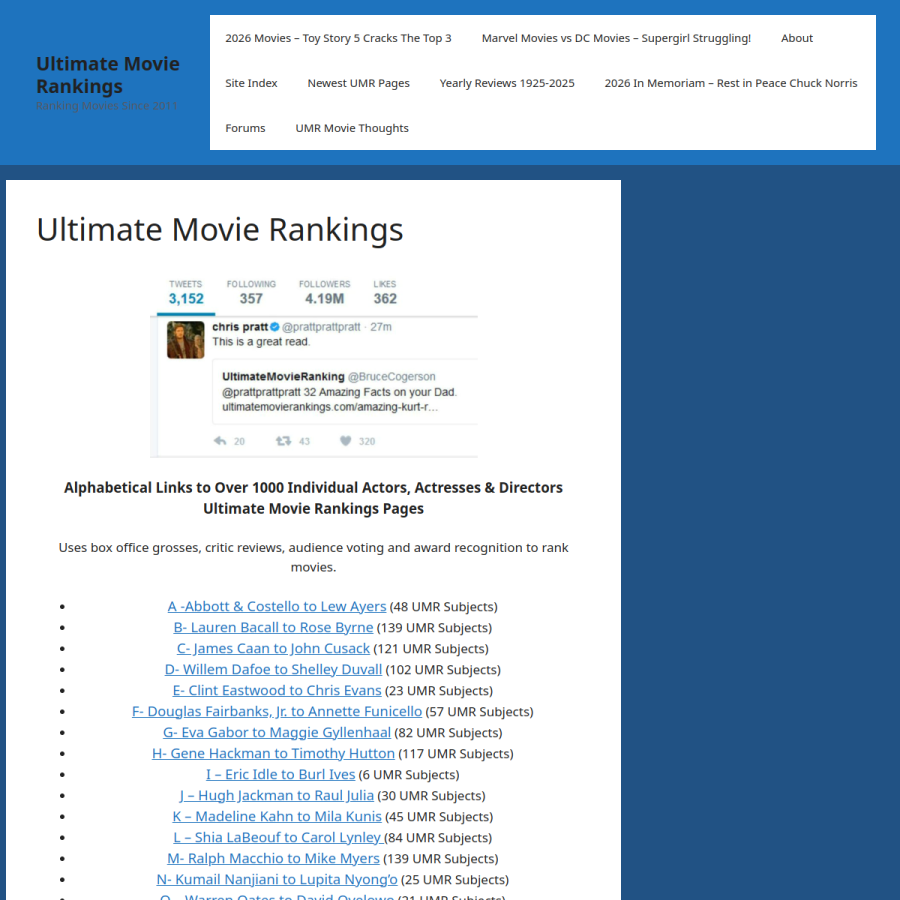 ultimatemovierankings.com homepage screenshot