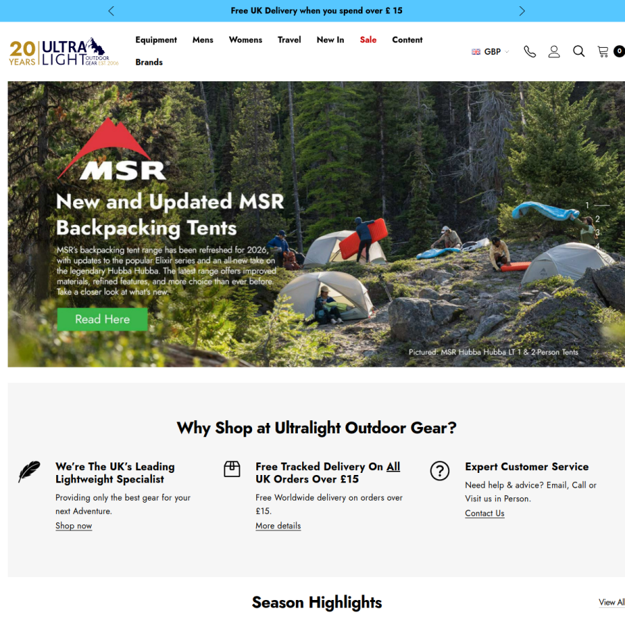 ultralightoutdoorgear.co.uk homepage screenshot