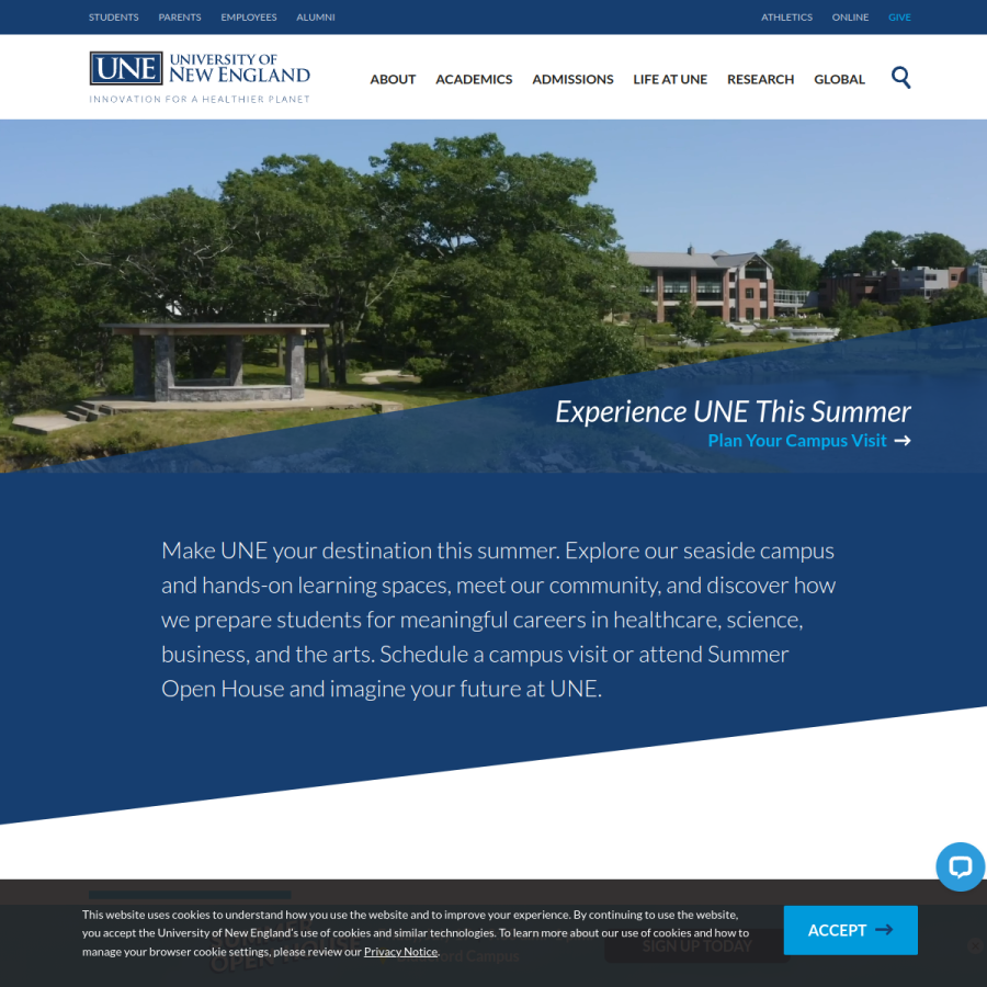 une.edu homepage screenshot