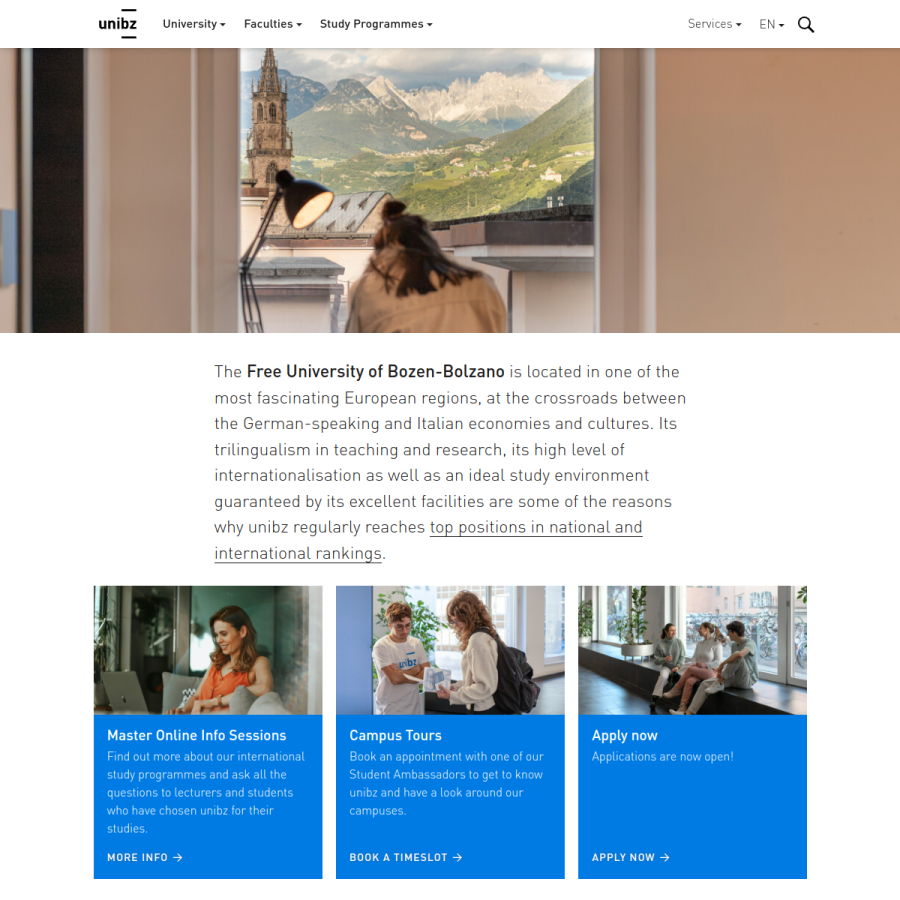 unibz.it homepage screenshot