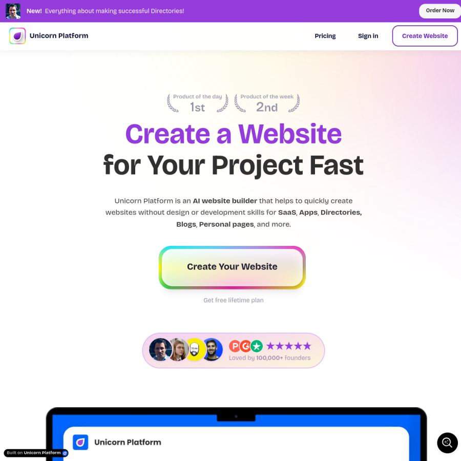 unicornplatform.com homepage screenshot