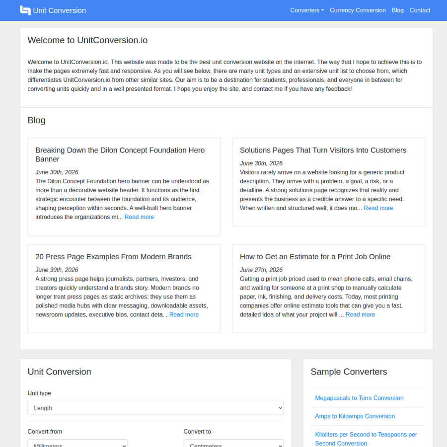 unitconversion.io homepage screenshot