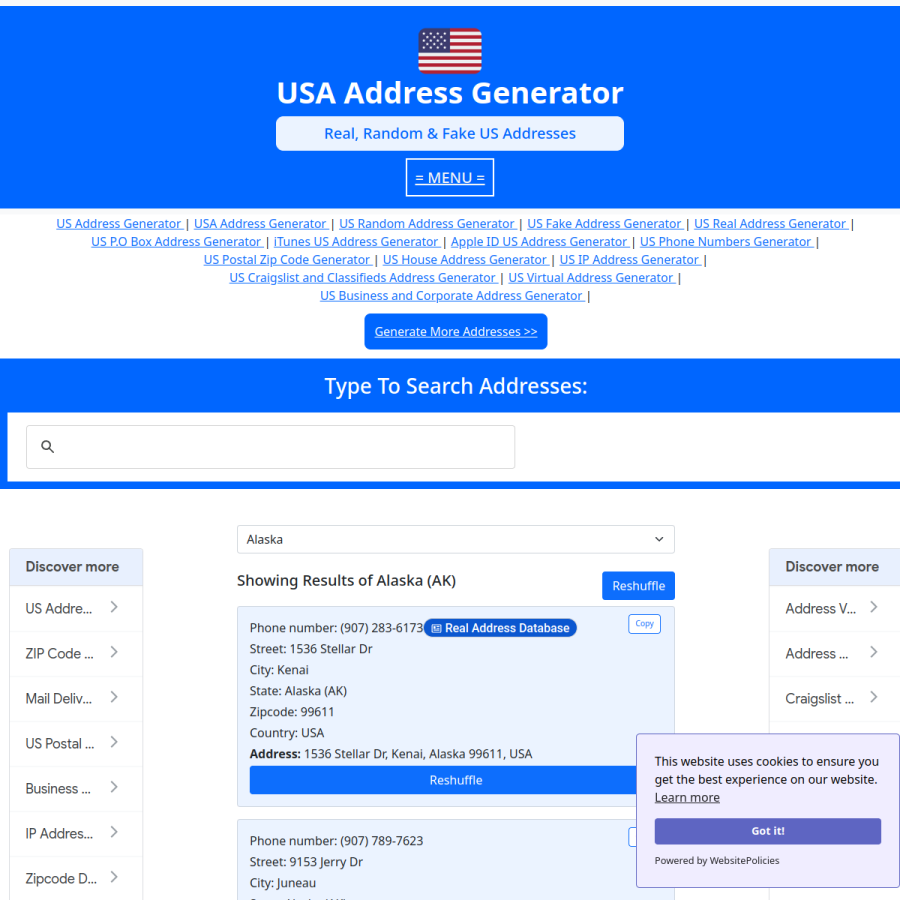 usaddressgenerator.com homepage screenshot