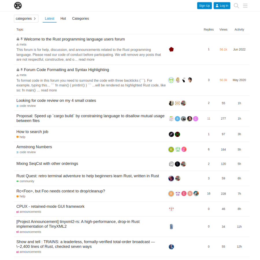 users.rust-lang.org homepage screenshot