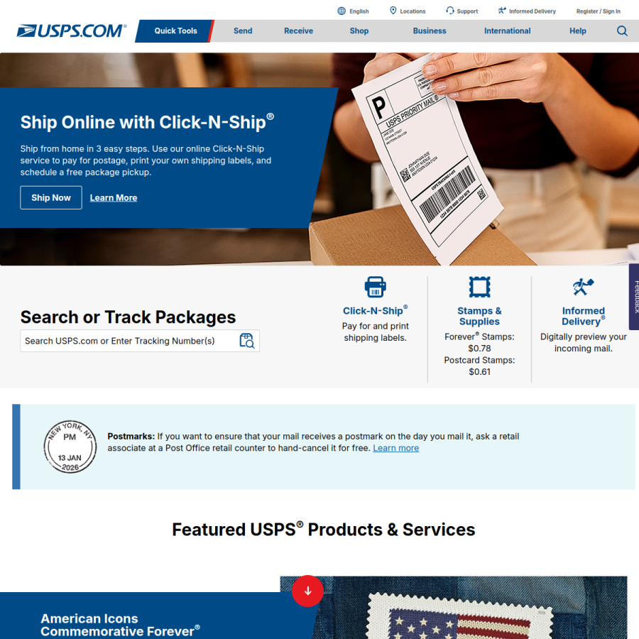 usps.com homepage screenshot