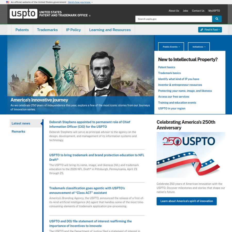 uspto.gov homepage screenshot