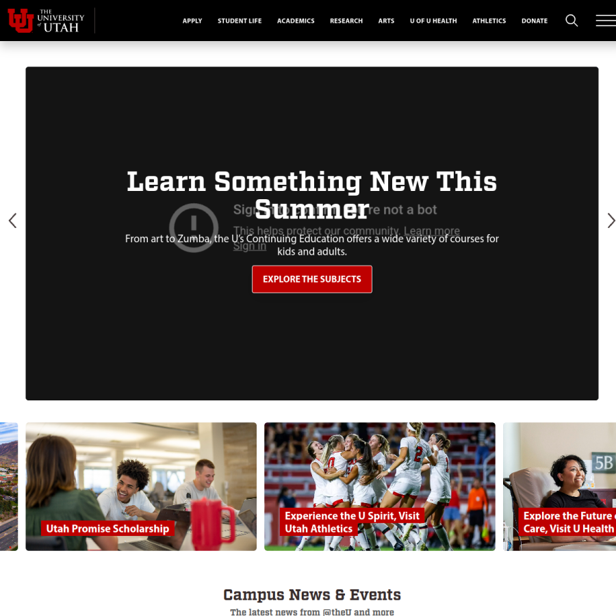 utah.edu homepage screenshot