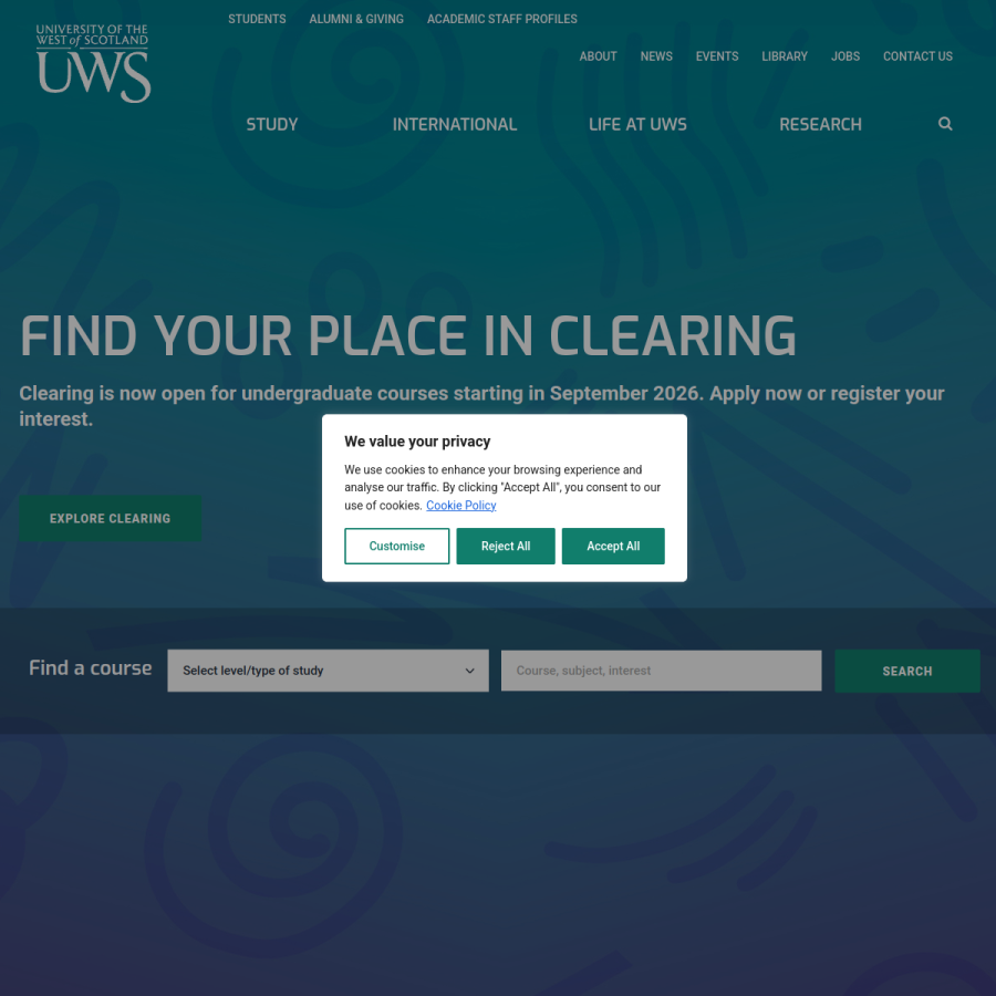 uws.ac.uk homepage screenshot