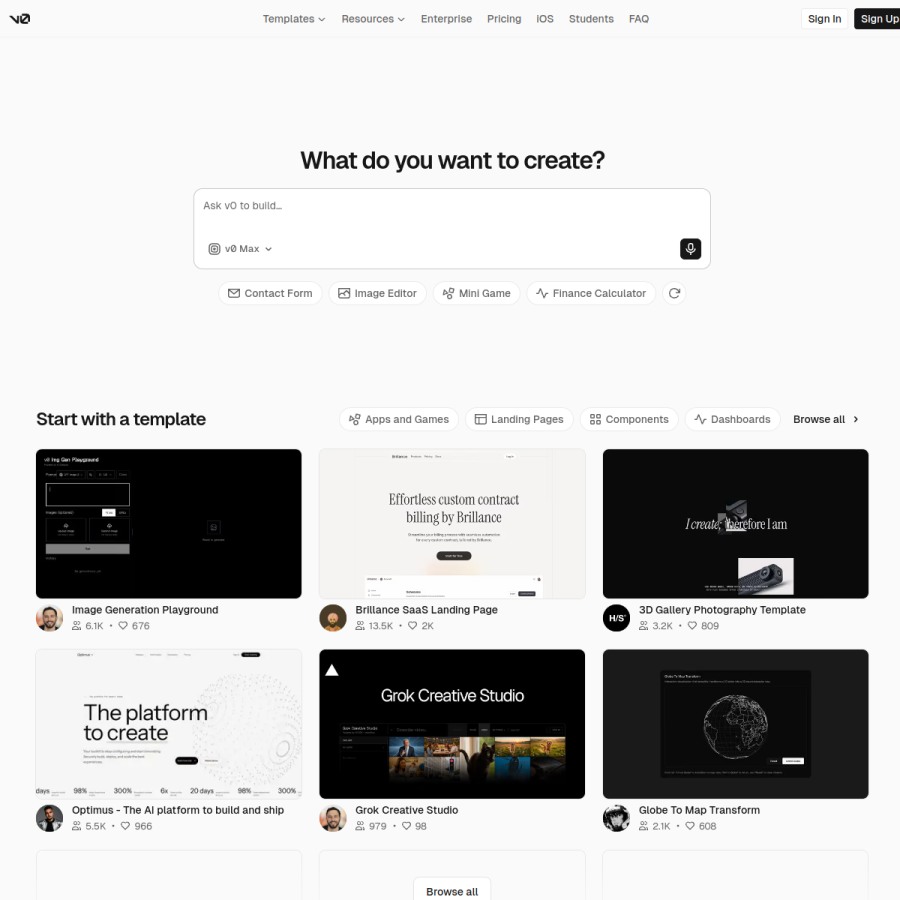 v0.app homepage screenshot
