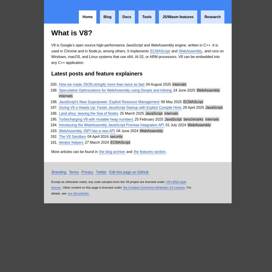v8.dev homepage screenshot