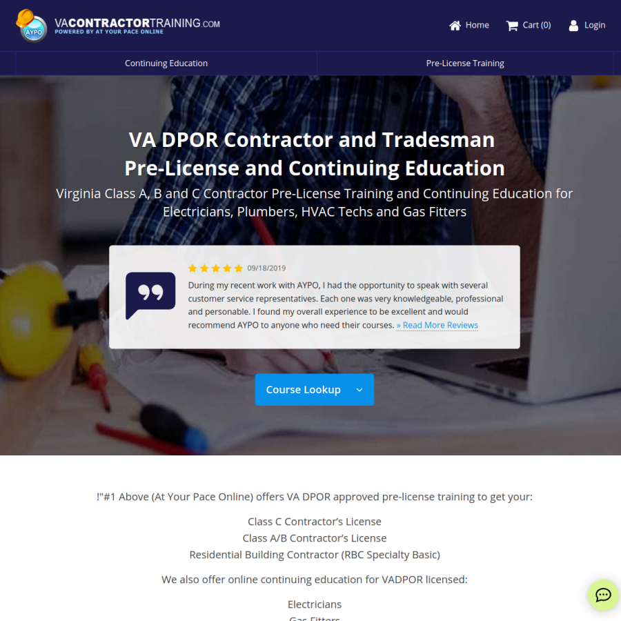 vacontractortraining.com homepage screenshot