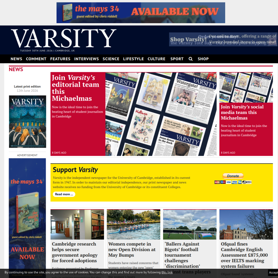 varsity.co.uk homepage screenshot