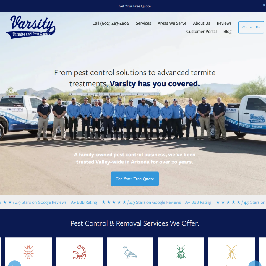 varsitytermiteandpestcontrol.com homepage screenshot