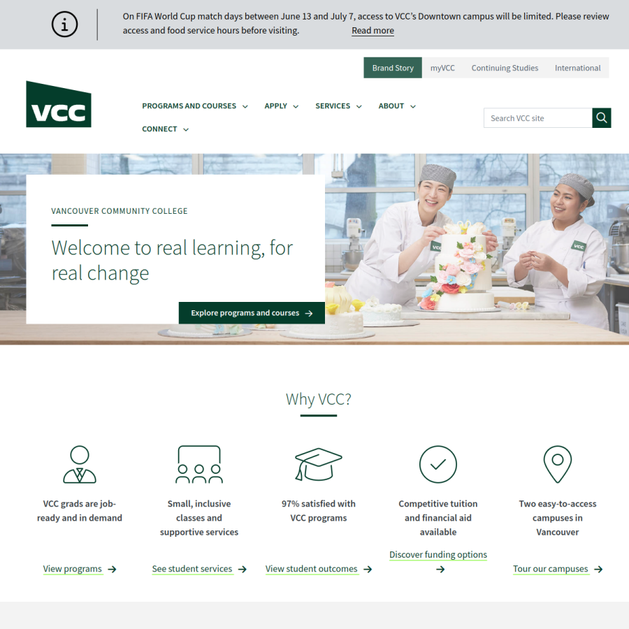 vcc.ca homepage screenshot