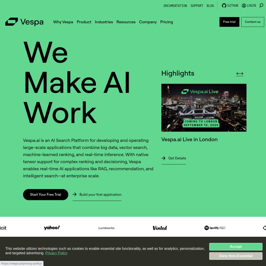 vespa.ai homepage screenshot