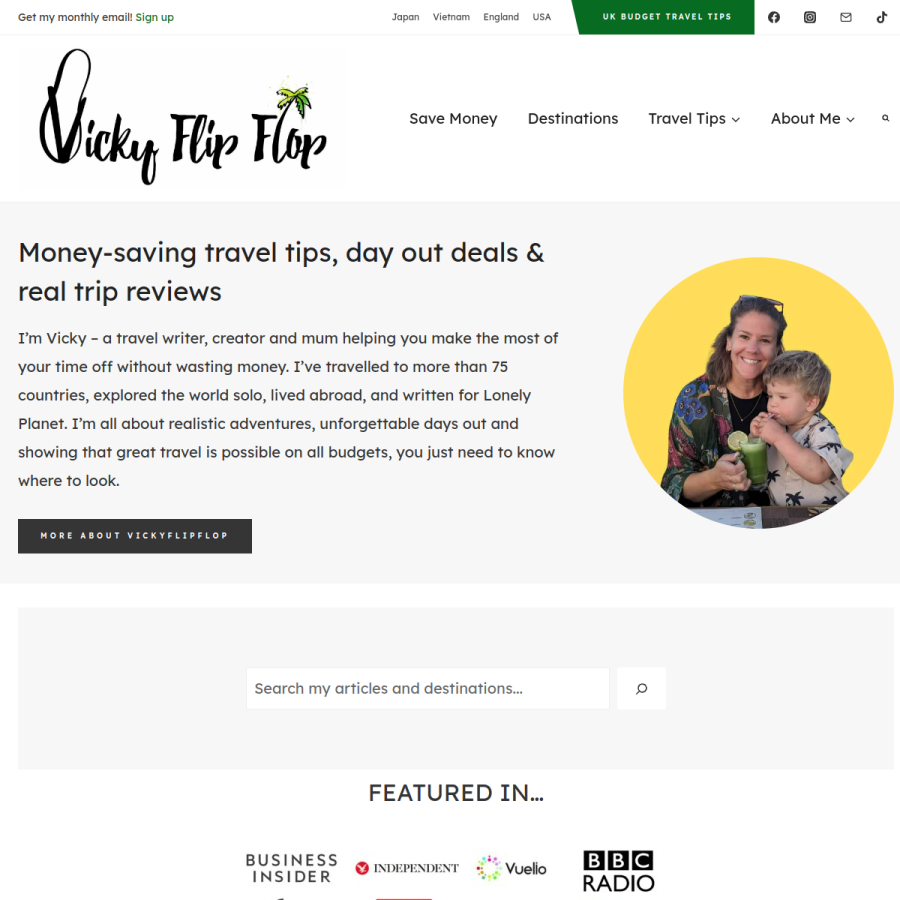 vickyflipfloptravels.com homepage screenshot