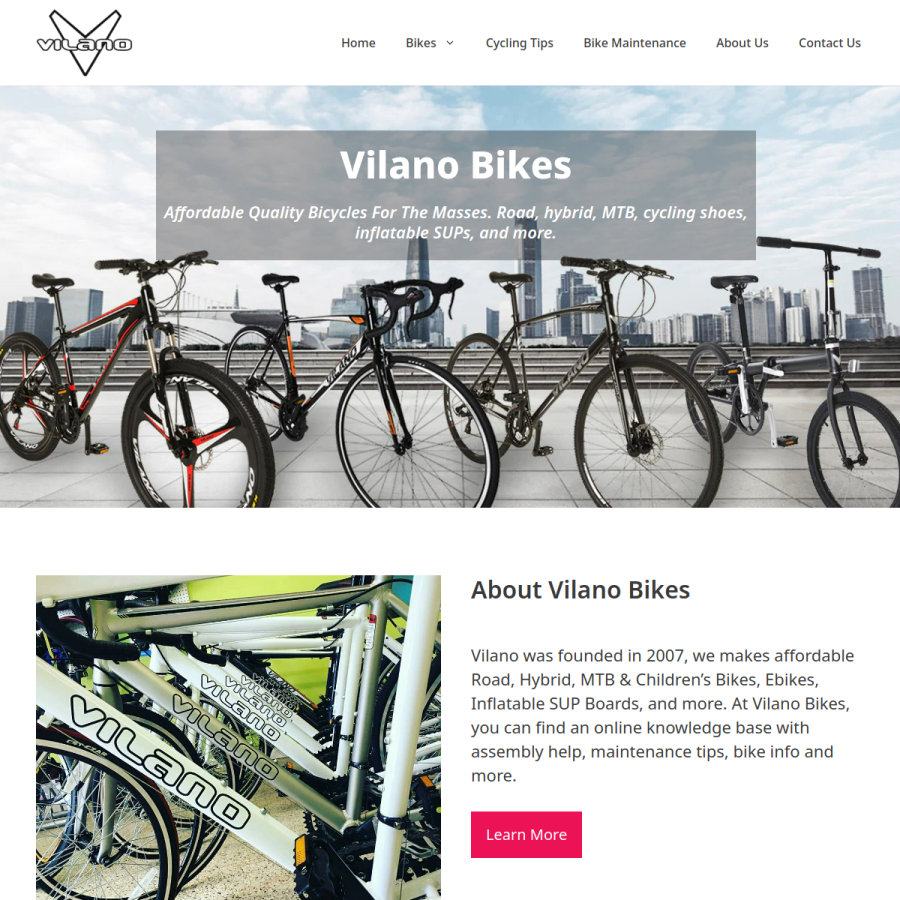 vilanobikes.com homepage screenshot