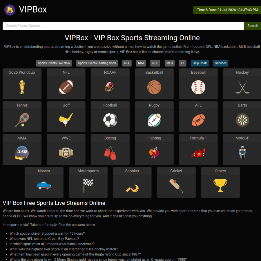 vipbox.lc homepage screenshot