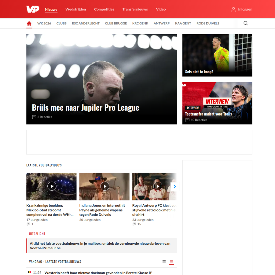 voetbalprimeur.be homepage screenshot