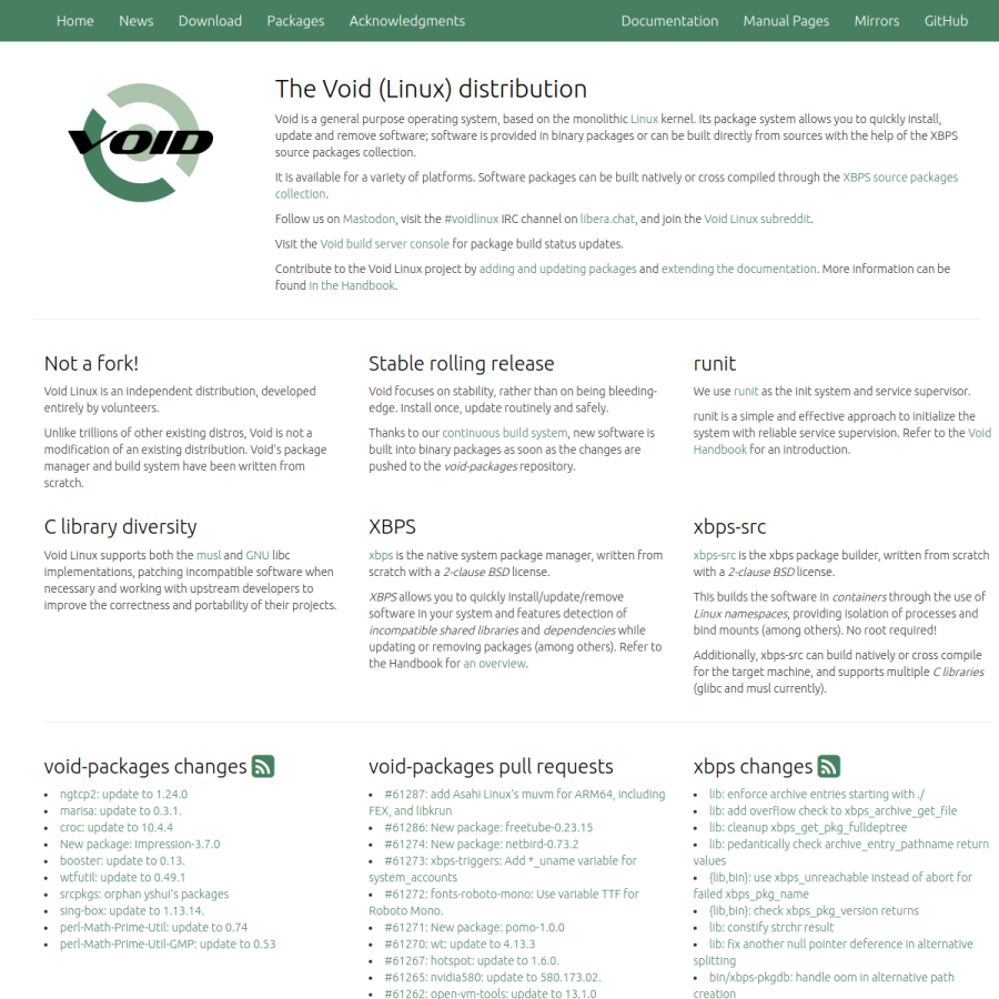 voidlinux.org homepage screenshot