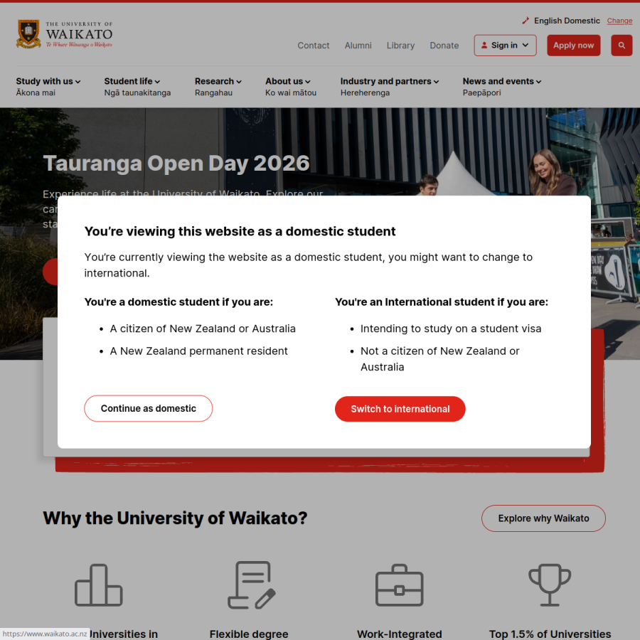 waikato.ac.nz homepage screenshot