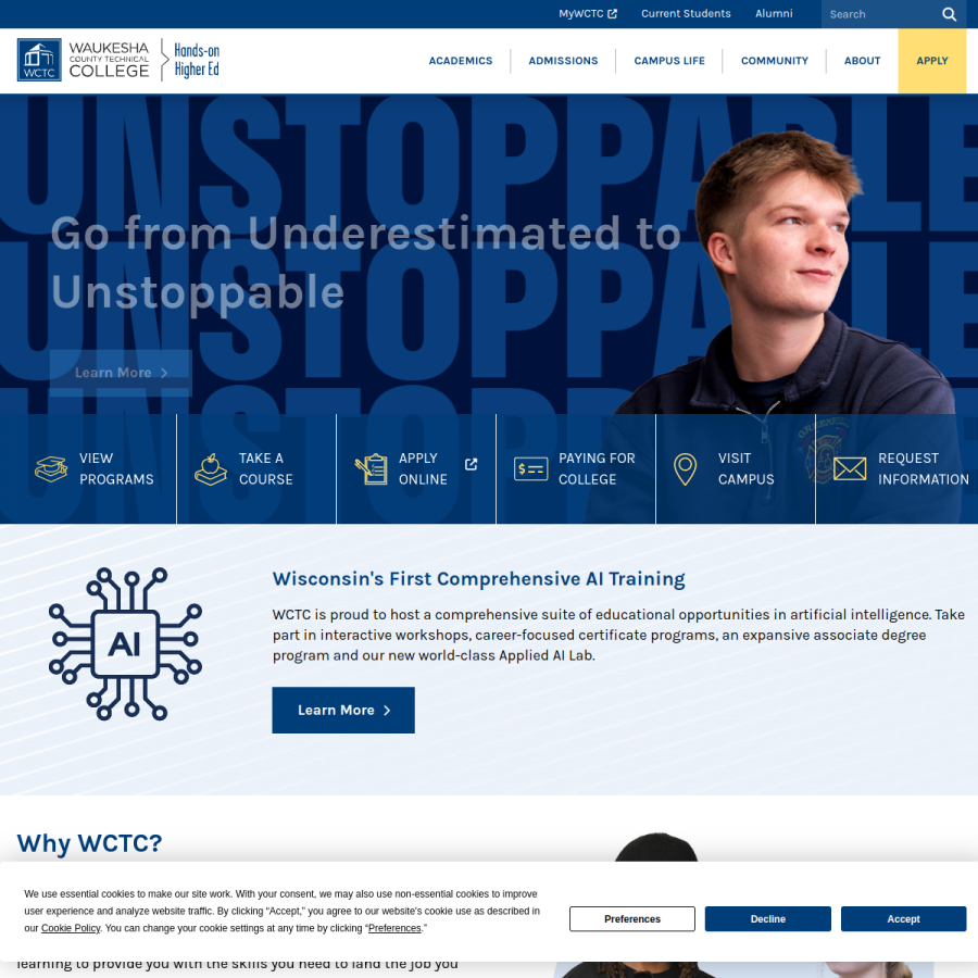 wctc.edu homepage screenshot