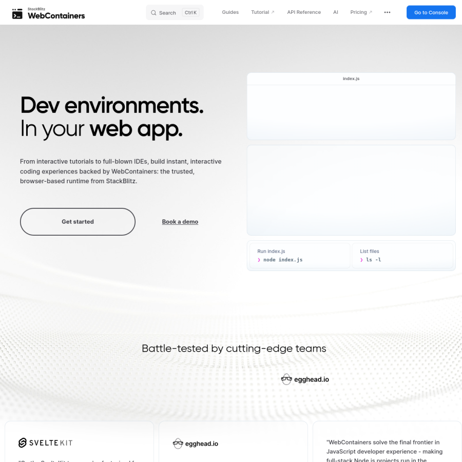 webcontainers.io homepage screenshot