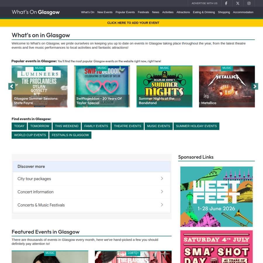 whatsonglasgow.co.uk homepage screenshot