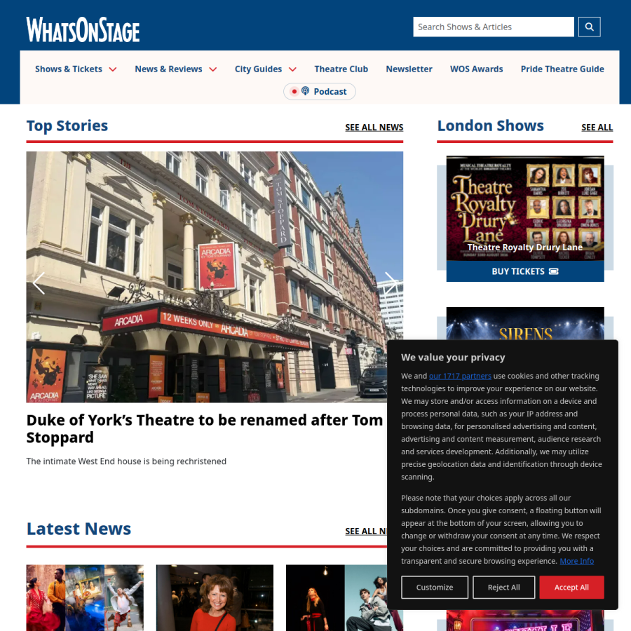 whatsonstage.com homepage screenshot