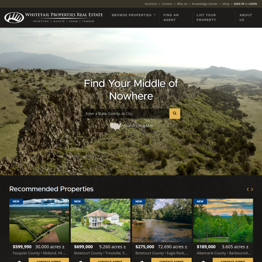 whitetailproperties.com homepage screenshot