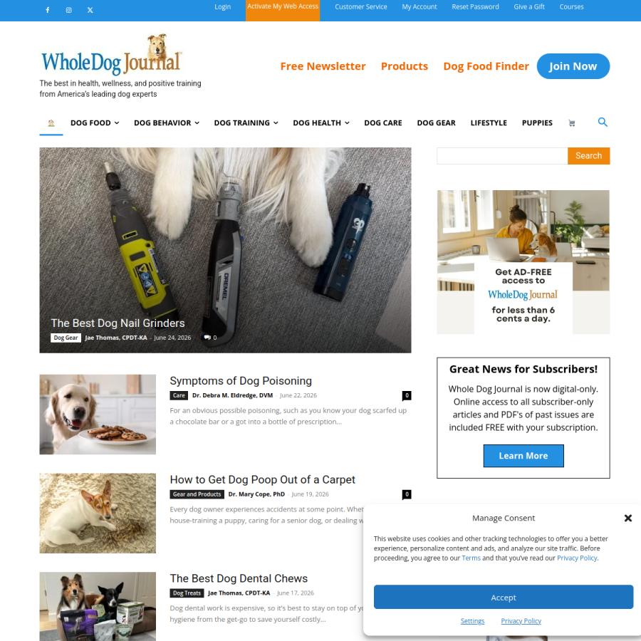 whole-dog-journal.com homepage screenshot