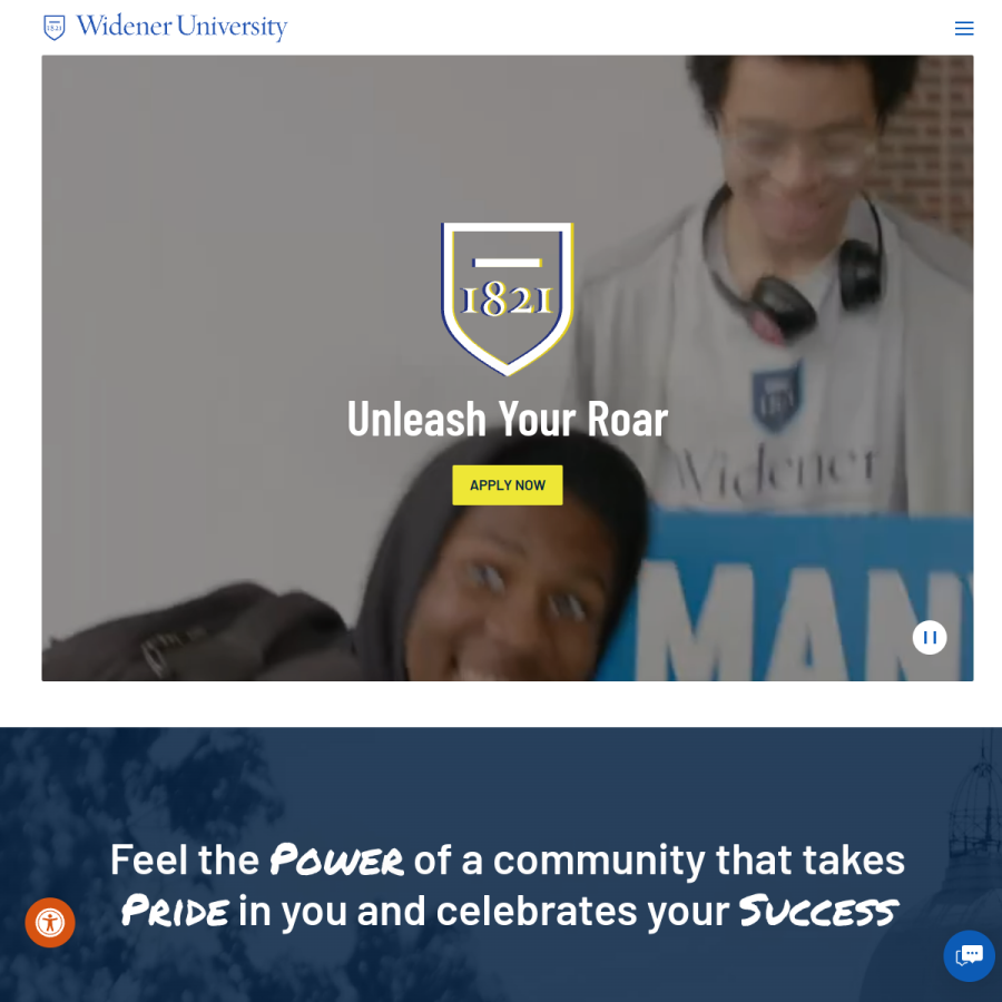 widener.edu homepage screenshot