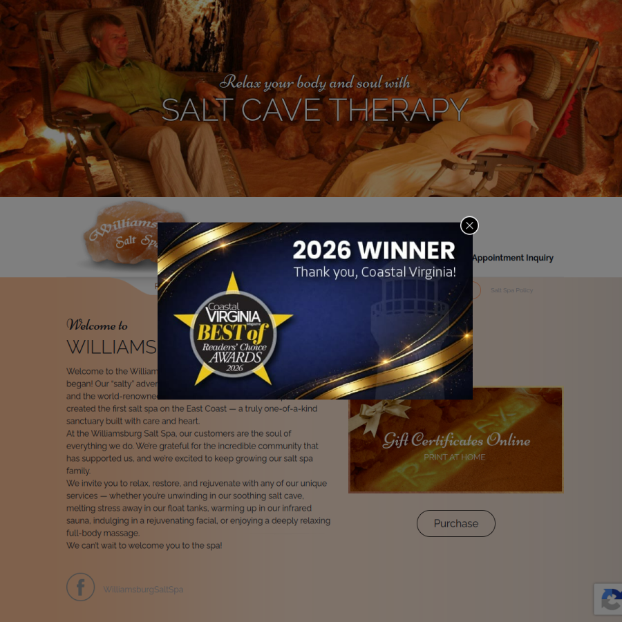 williamsburgsaltspa.com homepage screenshot