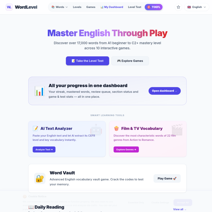 wordlevel.net homepage screenshot