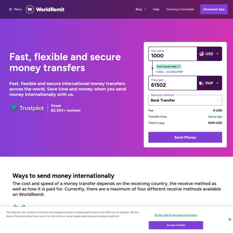 worldremit.com homepage screenshot