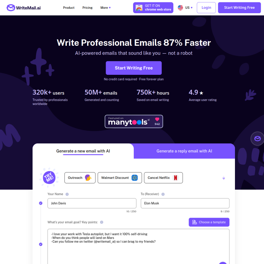 writemail.ai homepage screenshot