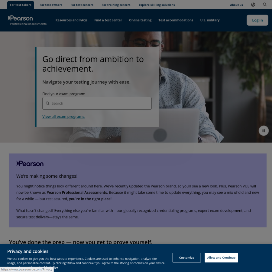 wsr.pearsonvue.com homepage screenshot