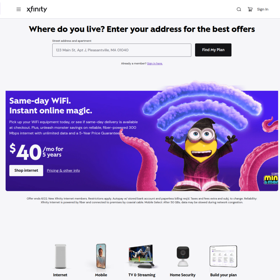 xfinity.com homepage screenshot
