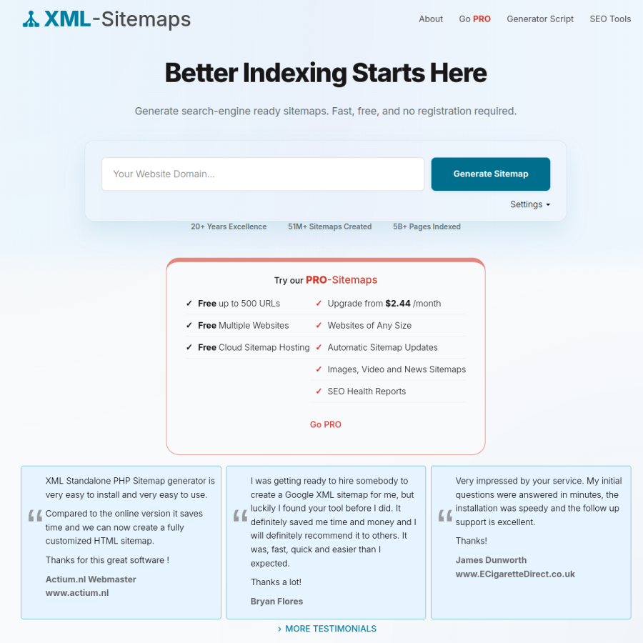 xml-sitemaps.com homepage screenshot