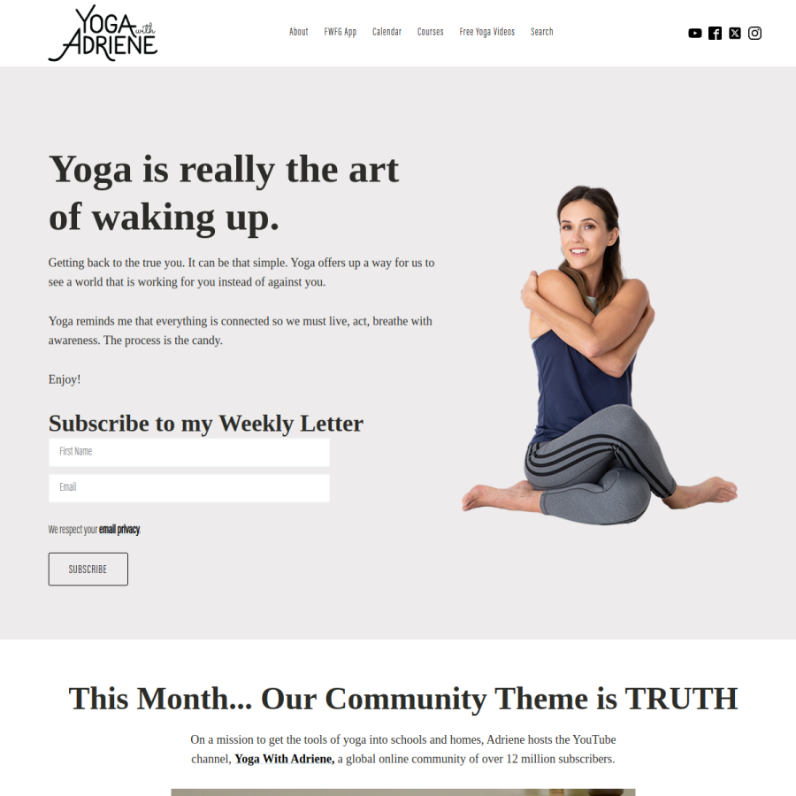 yogawithadriene.com homepage screenshot