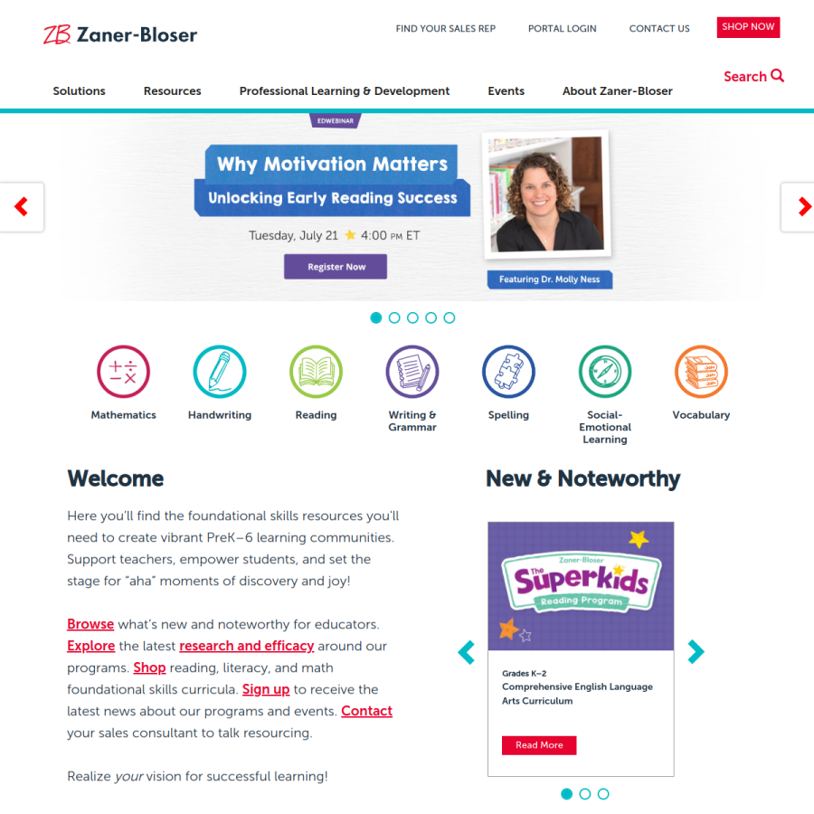 zaner-bloser.com homepage screenshot