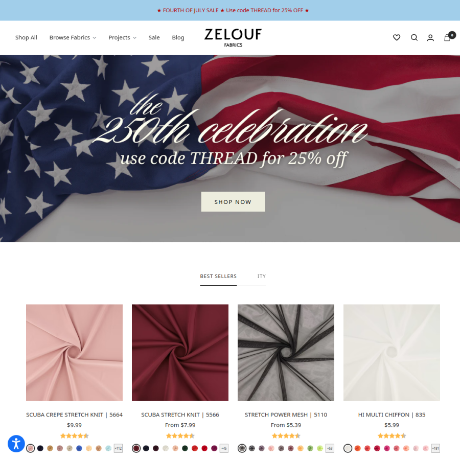 zelouffabrics.com homepage screenshot