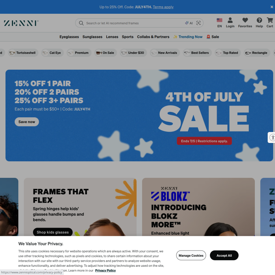 zennioptical.com homepage screenshot