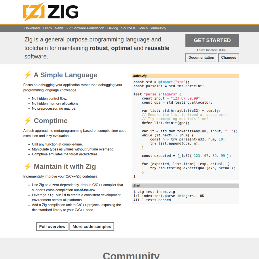 ziglang.org homepage screenshot