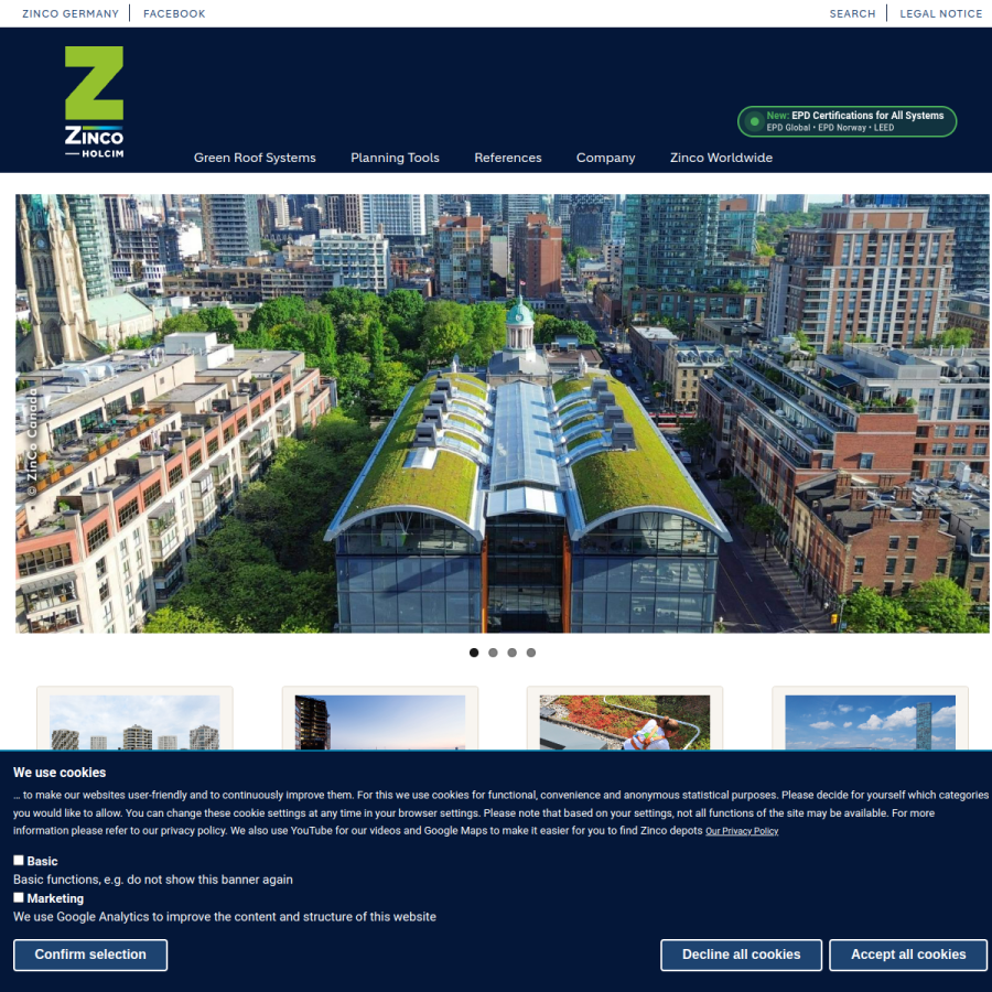 zinco-greenroof.com homepage screenshot