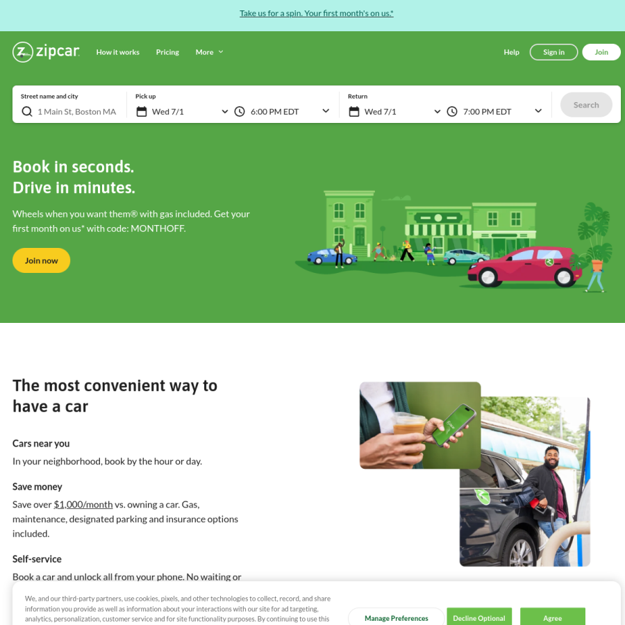 zipcar.com homepage screenshot