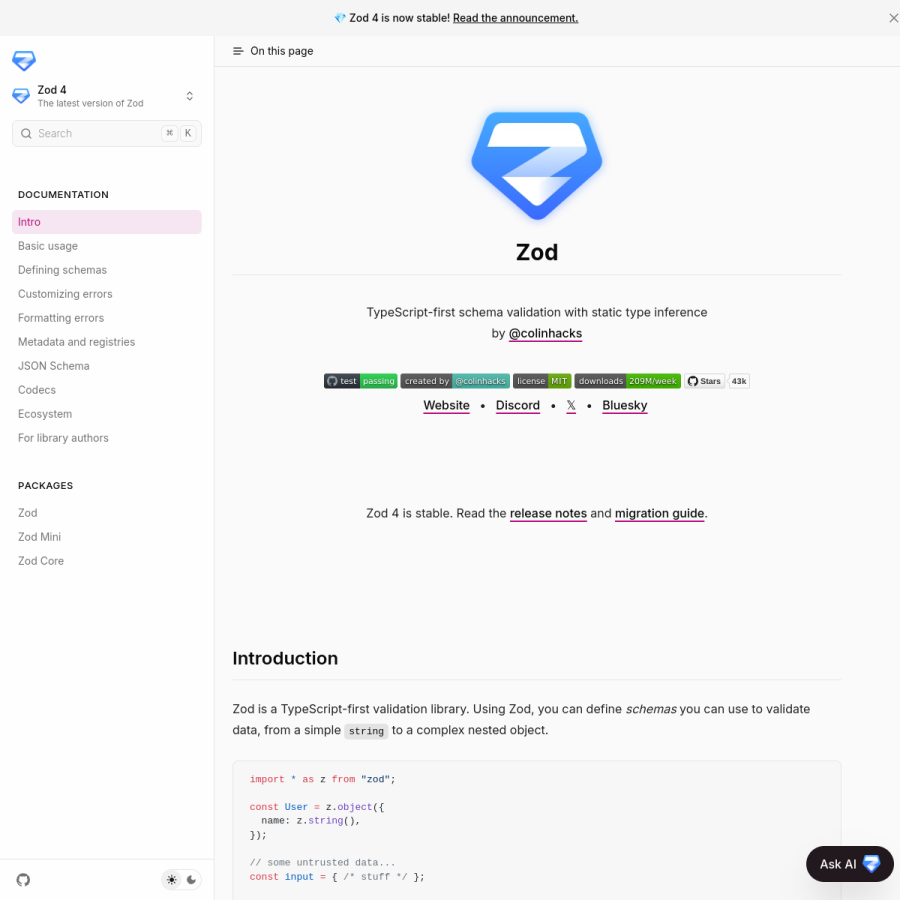 zod.dev homepage screenshot