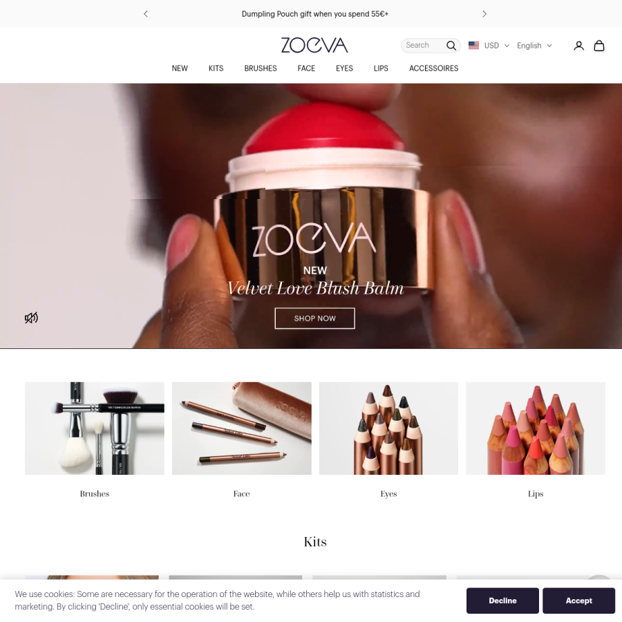 zoevacosmetics.com homepage screenshot