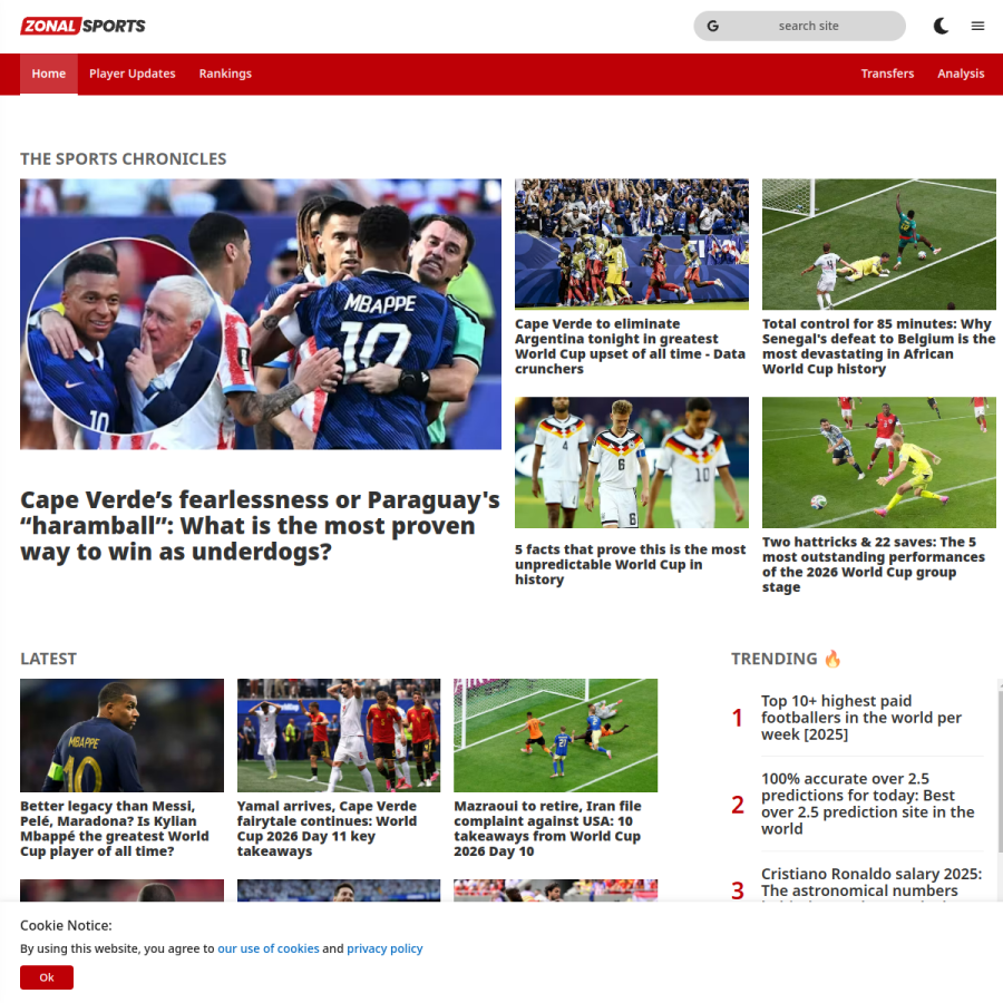 zonalsports.com homepage screenshot